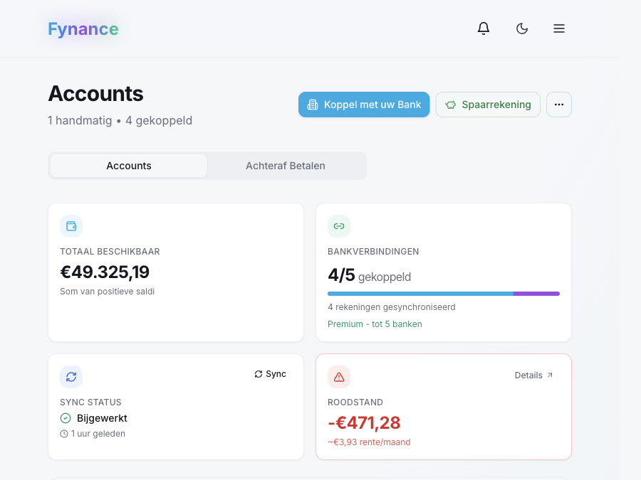 Accounts page met 4 gekoppelde banken