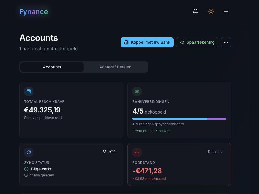 Accounts page met 4 gekoppelde banken